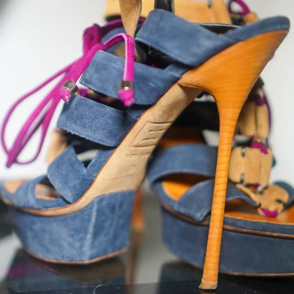 DSQUARED2 SS2012 Ankle Wrap Blue/Fuchsia Suede Platform Sandals - Picture 5 of 8